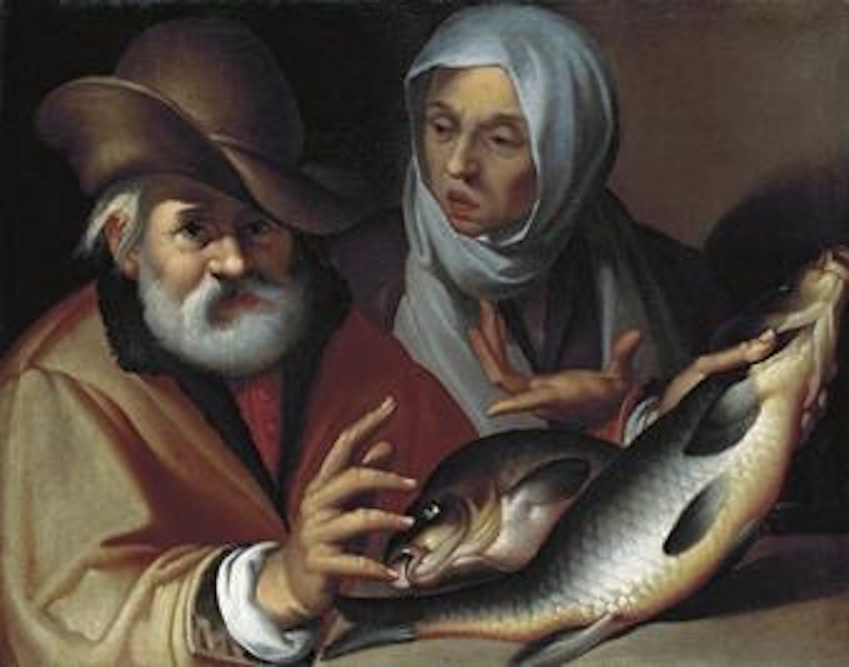 An old couple selling fish by Bartolomeo Passarotti
