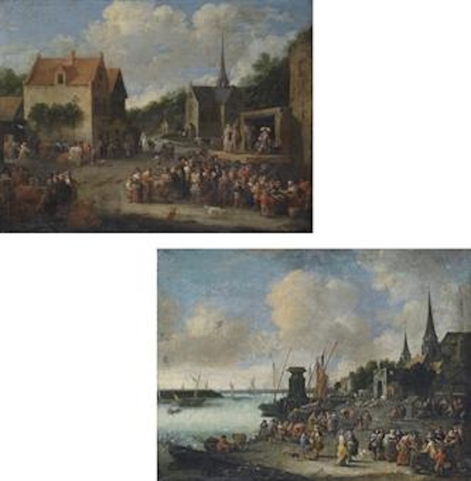 A village square with a crowd watching a commedia dell'arte spectacle; and A capriccio view of Antwerp with fishermen unloading their catch and selling their wares by Pieter Bout