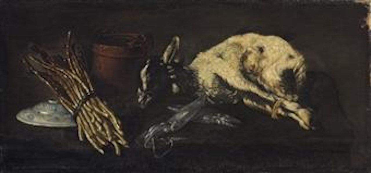 A bunch of asparagus, a porcelain bowl, a copper urn, squid and a kid goat on a table by Giuseppe Recco