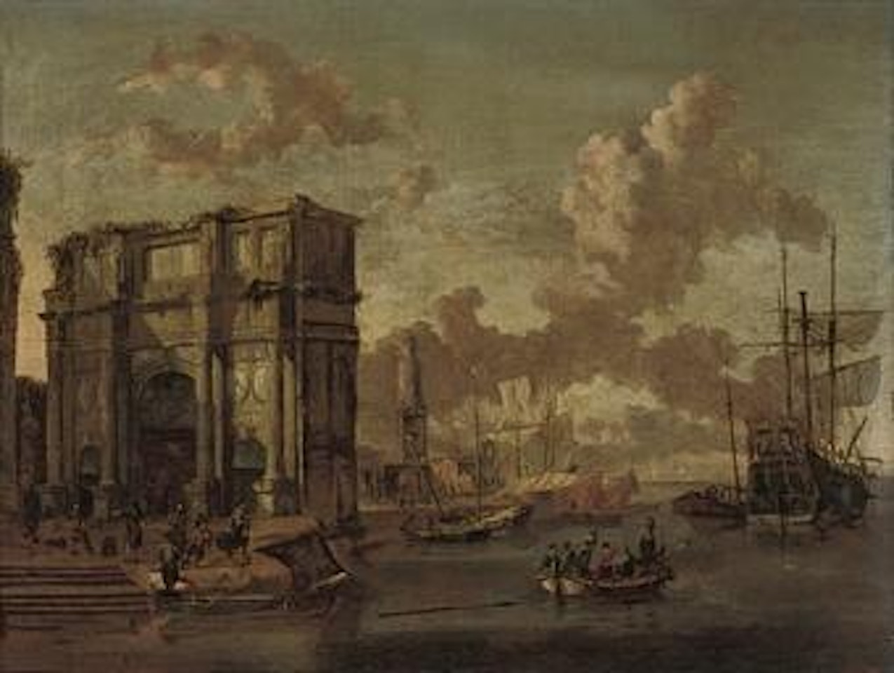 A capriccio of a Mediterranean harbour with the Arch of Constantine and a Dutch man o'war and other shipping by Abraham Storck