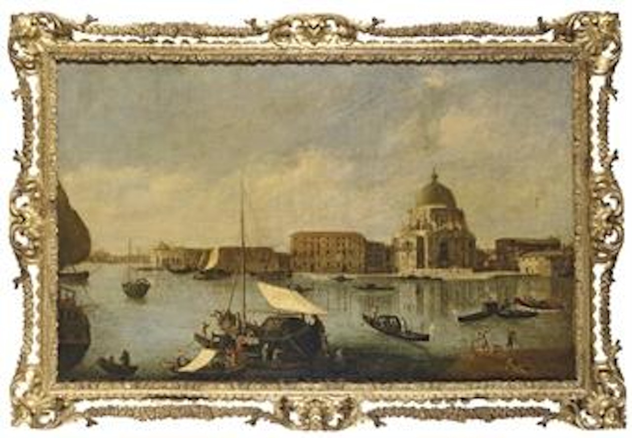 Santa Maria della Salute seen from the Riva degli Schiavone, with sailboats and gondolas in the foreground by Francesco Guardi