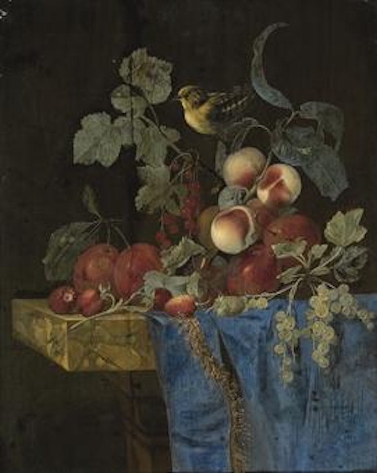 Plums, strawberries, peaches, grapes, redcurrants and gooseberries with a finch, on a partly-draped marble ledge by Willem van Aelst