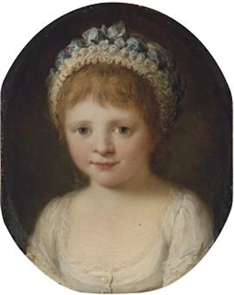 Portrait of a girl, possibly Theresa Robinson (1775-1856), daughter of John Parker, 1st Lord Boringdon, bust-length, in a white dress, with a cap decorated with blue ribbons by Angelica Kauffmann