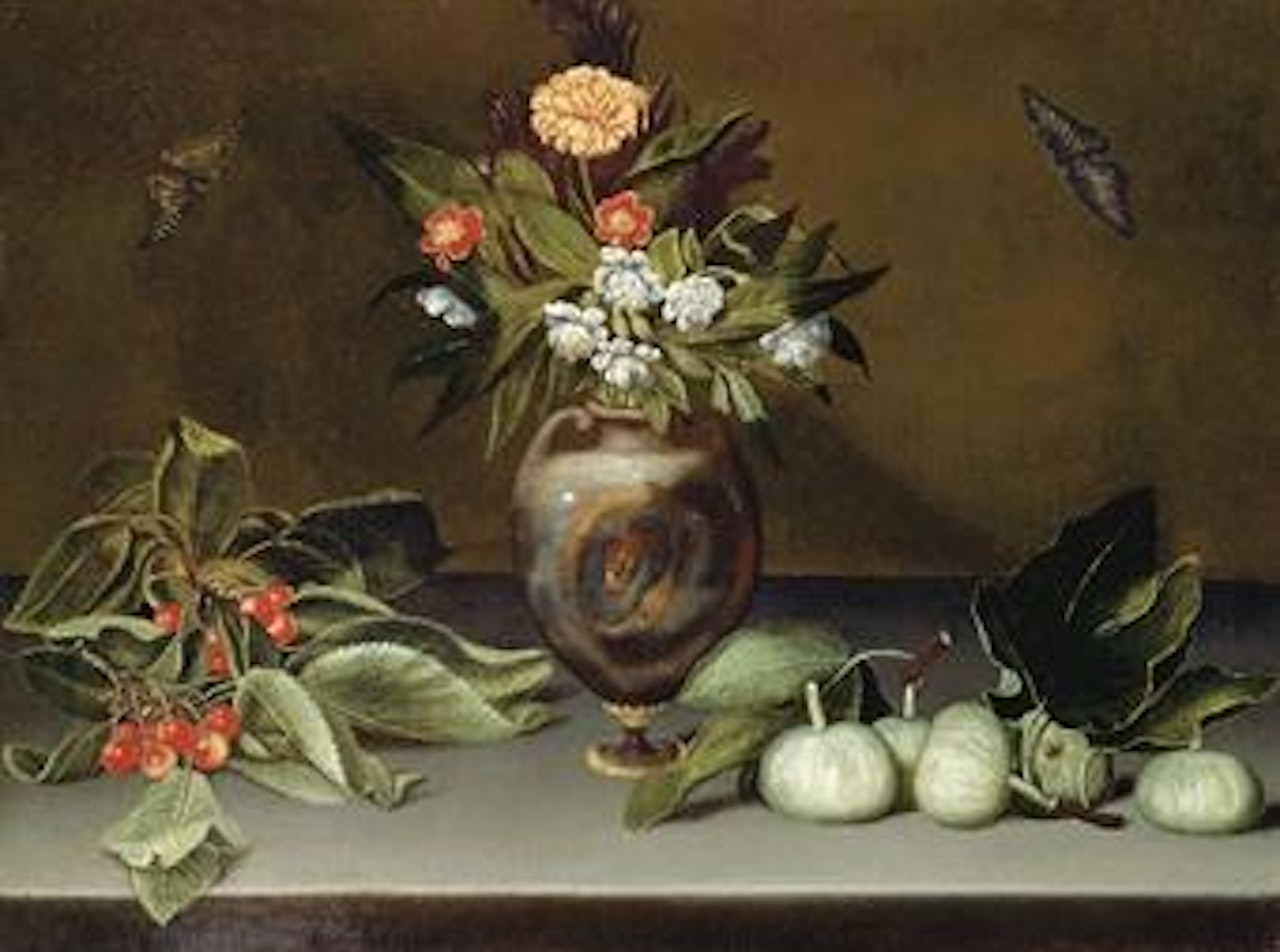 Narcissi and a carnation in an urn on a stone ledge with cherries, figs and butterflies by Caravaggio