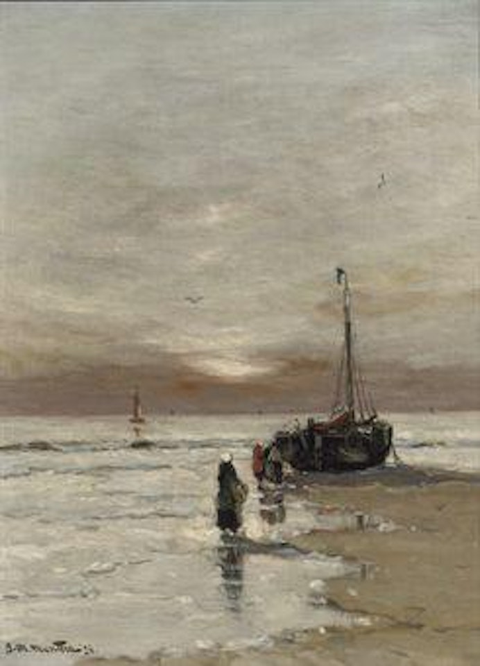 Fisher women on the beach at sunset by Gerhard Arij Ludwig Morgenstjerne Munthe