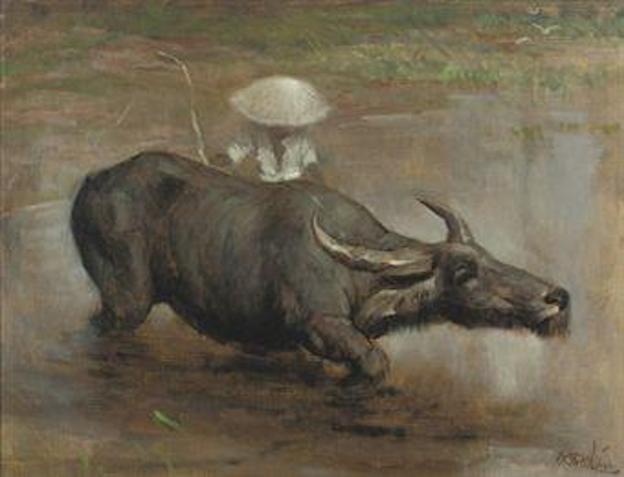 A Waterbuffalo Working the Sawah by Raden Basoeki Abdullah