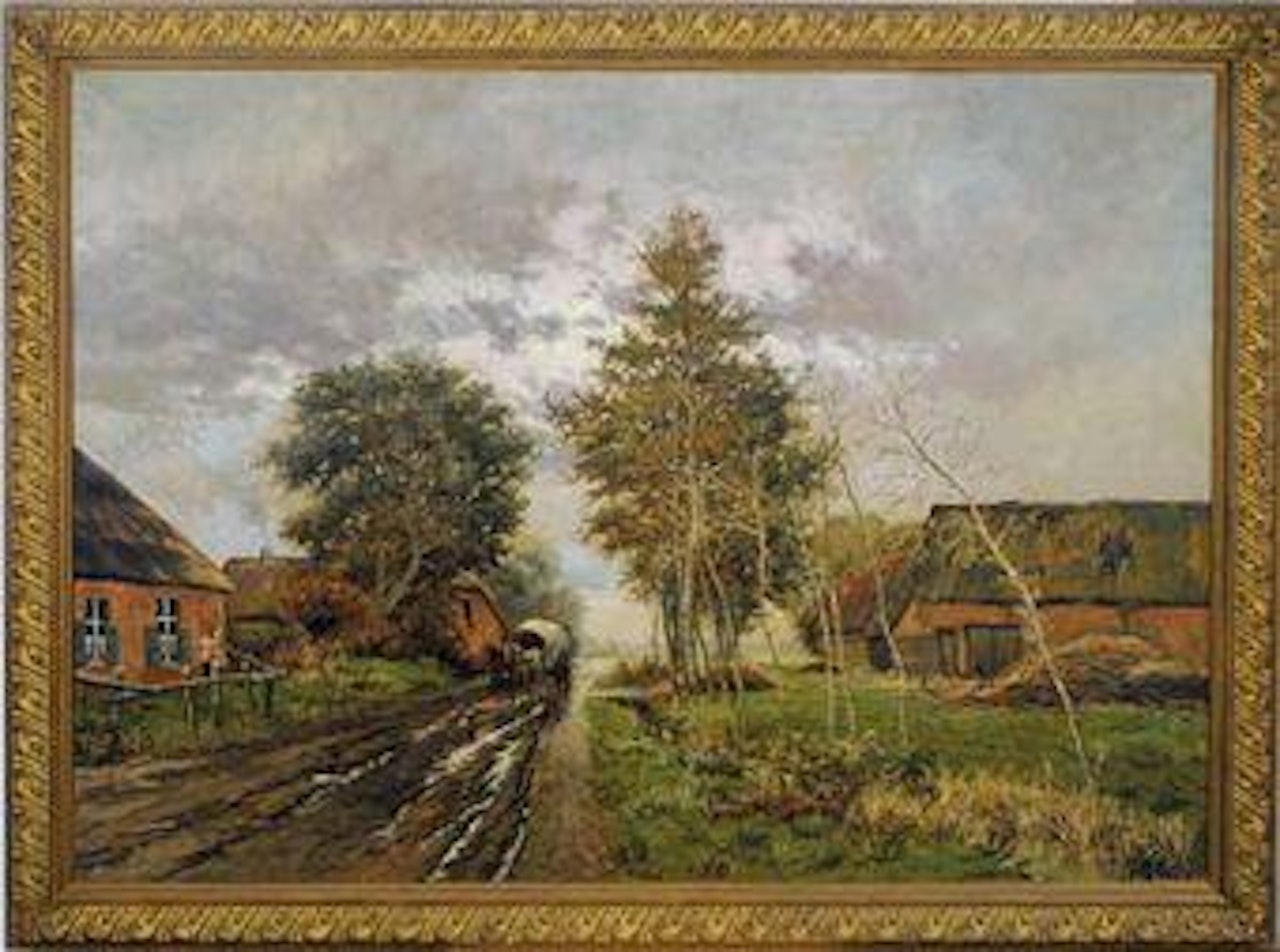 Farmhouses along a country road on a rainy day by F Brosens by Continental School