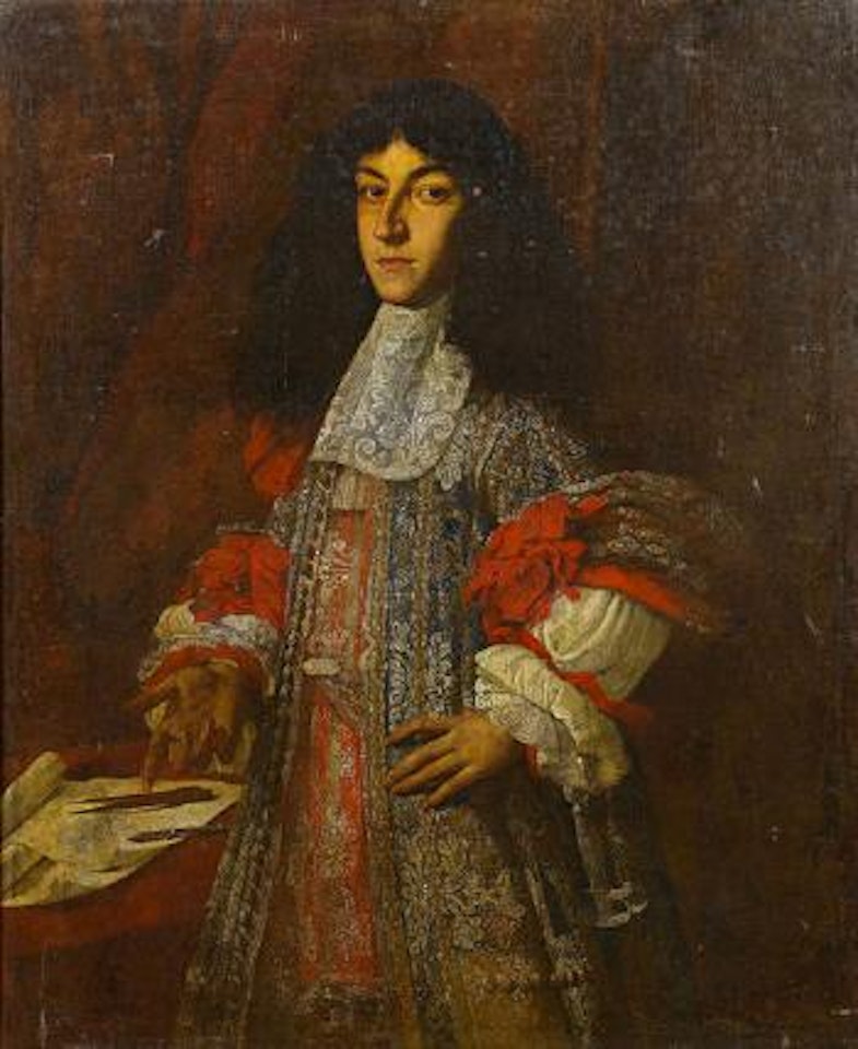 Portrait of an architect, three-quarter-length, in a blue embroidered coat decorated with red ribbons, standing beside a table with architectural drawings by Pier Francesco Cittadini