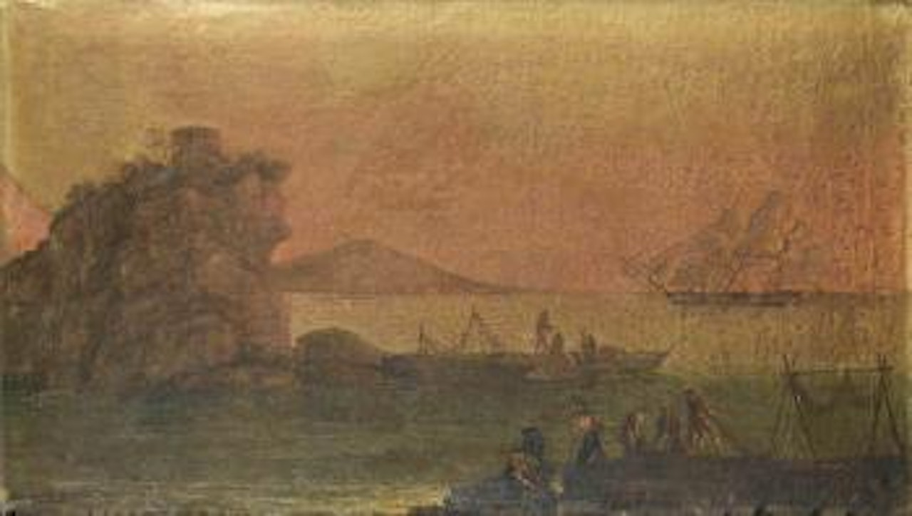 A rocky coastline with fishermen hauling in their nets, shipping in the distance by Claude Joseph Vernet