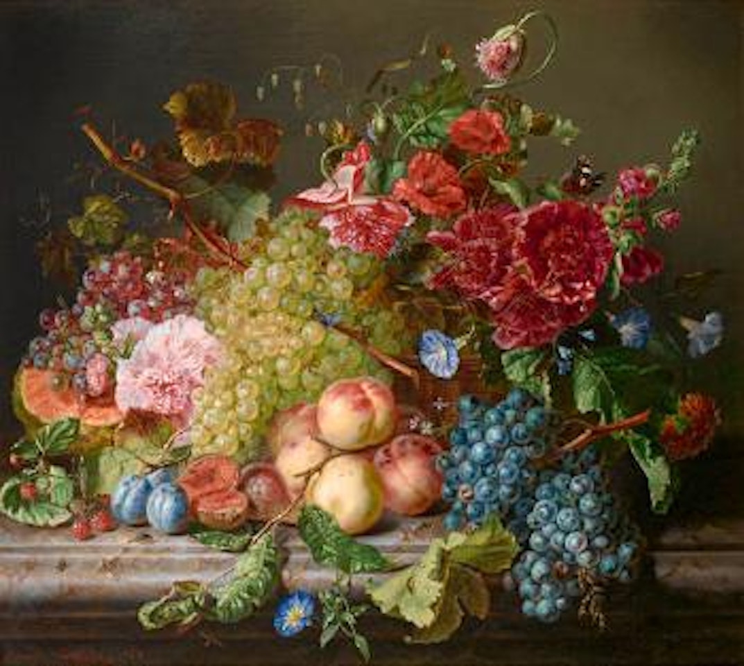 Still life with fruit and flowers on a ledge by Amalie Kärcher
