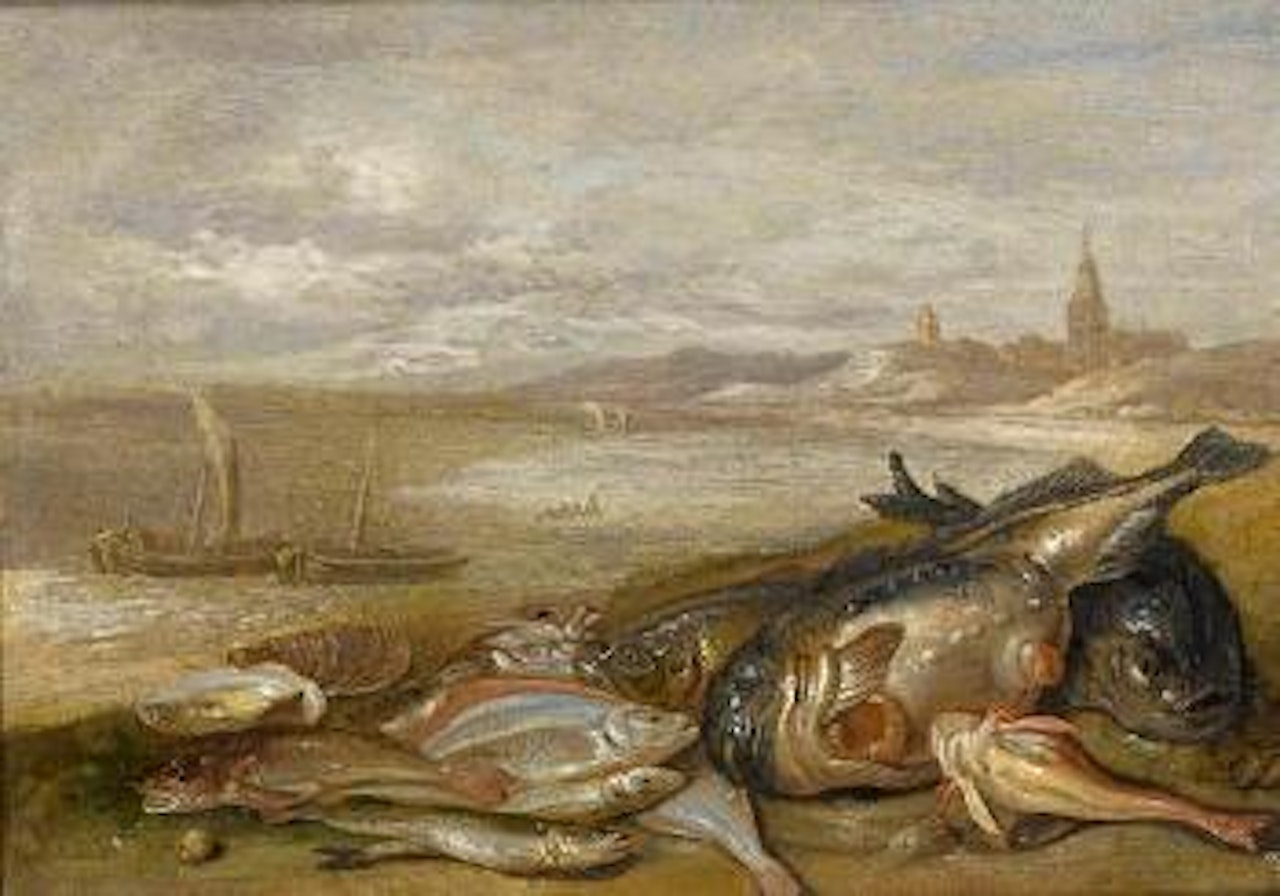 A still life of various fish and crustacea on a beach, with fishing boats and a town beyond by Jan Van Kessel The Elder