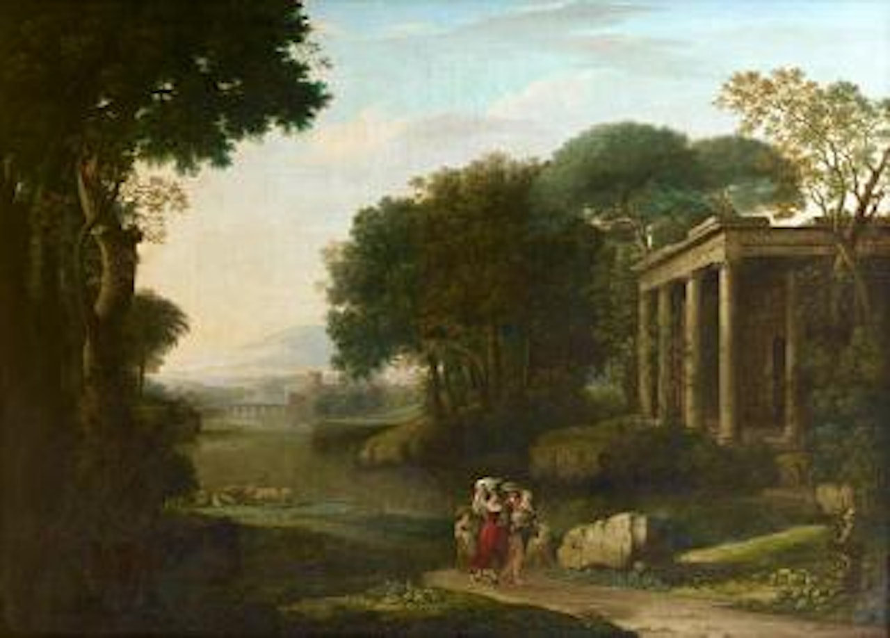 Shepherd and shepherdesses in an Italianate landscape, with ruins and a walled city in the distance by Jacob Philipp Hackert
