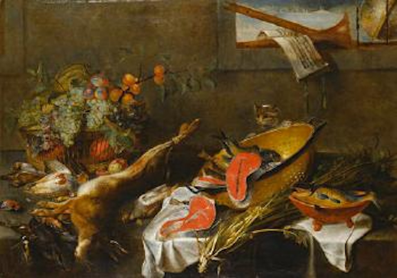 A still life of a cat beside an upturned colander of salmon with other fish, dead game and a basket of fruit on a wooden table, beneath a window ledge with a pair of recorders, a globe and a musical manuscript by Frans Snyders