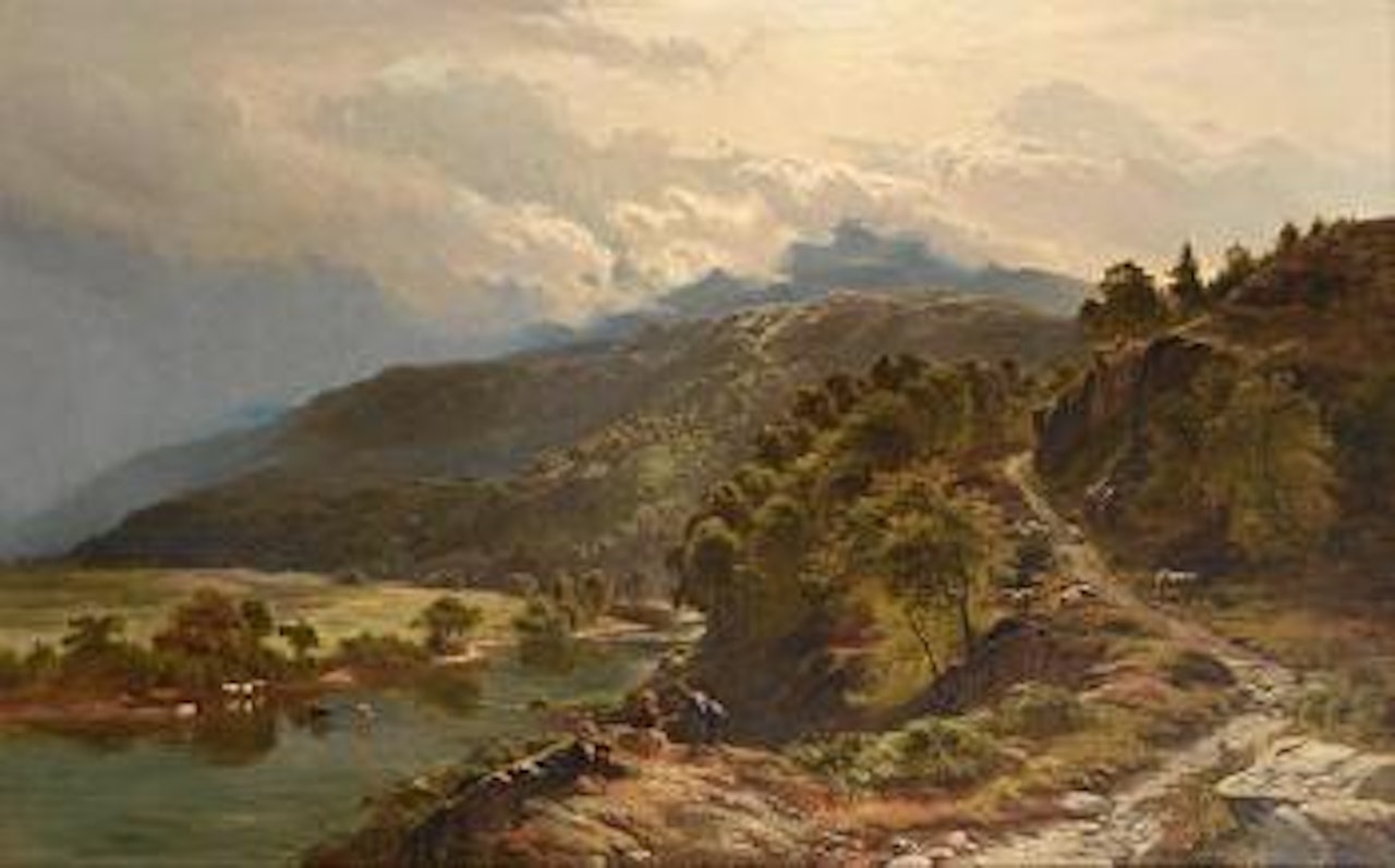 Figures and cattle in a mountain landscape by Sidney Richard Percy