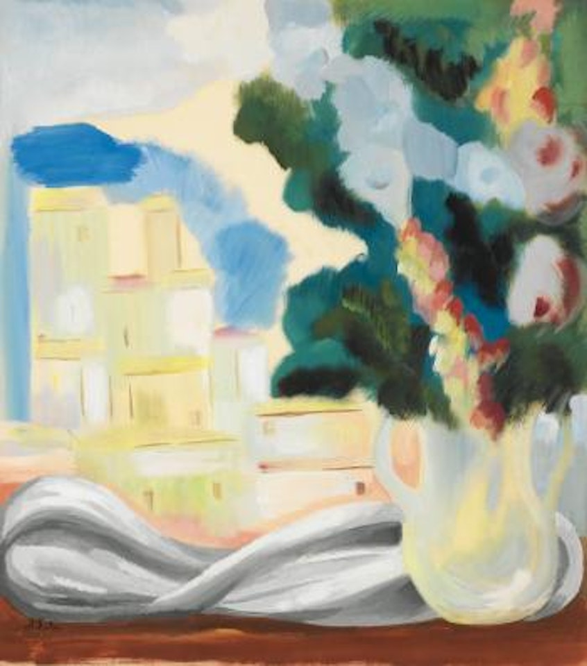 Flowers in a vase before a window by Alexandra Exter