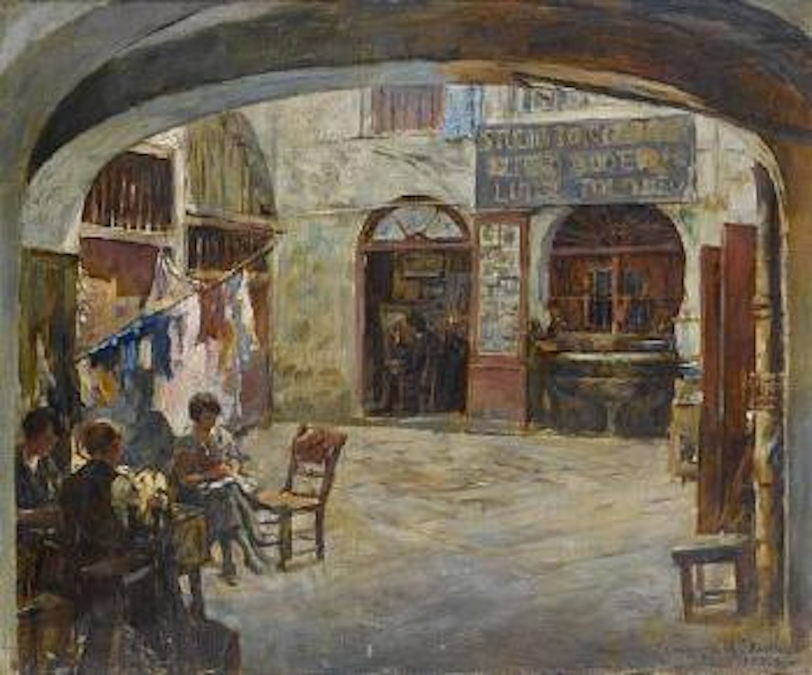 Figures in an Italian courtyard, outside the studio of Luigi Tolomeo by Stanhope Alexander Forbes