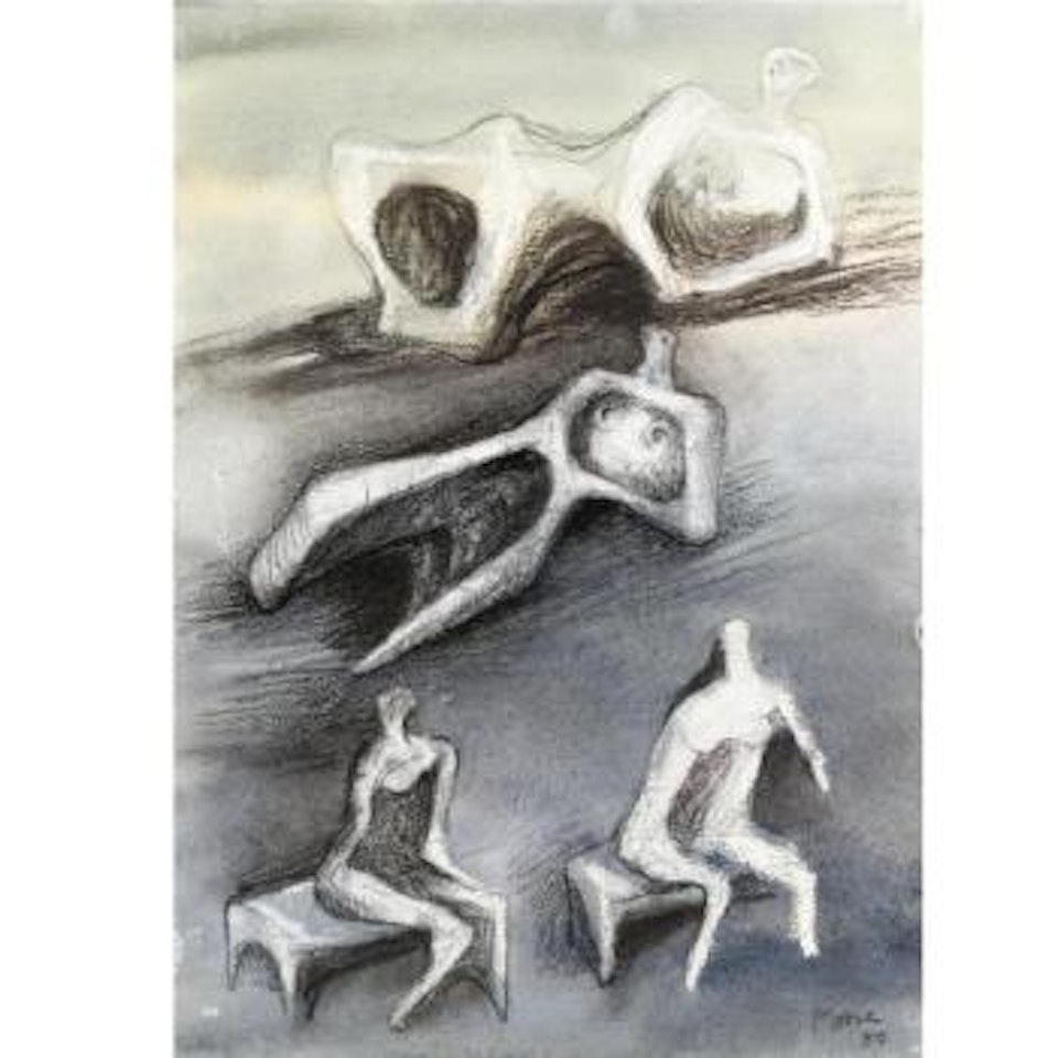 Idea For Sculpture, Two Reclining And Two Seated Figures; Reclining Figure On Base by Henry Moore