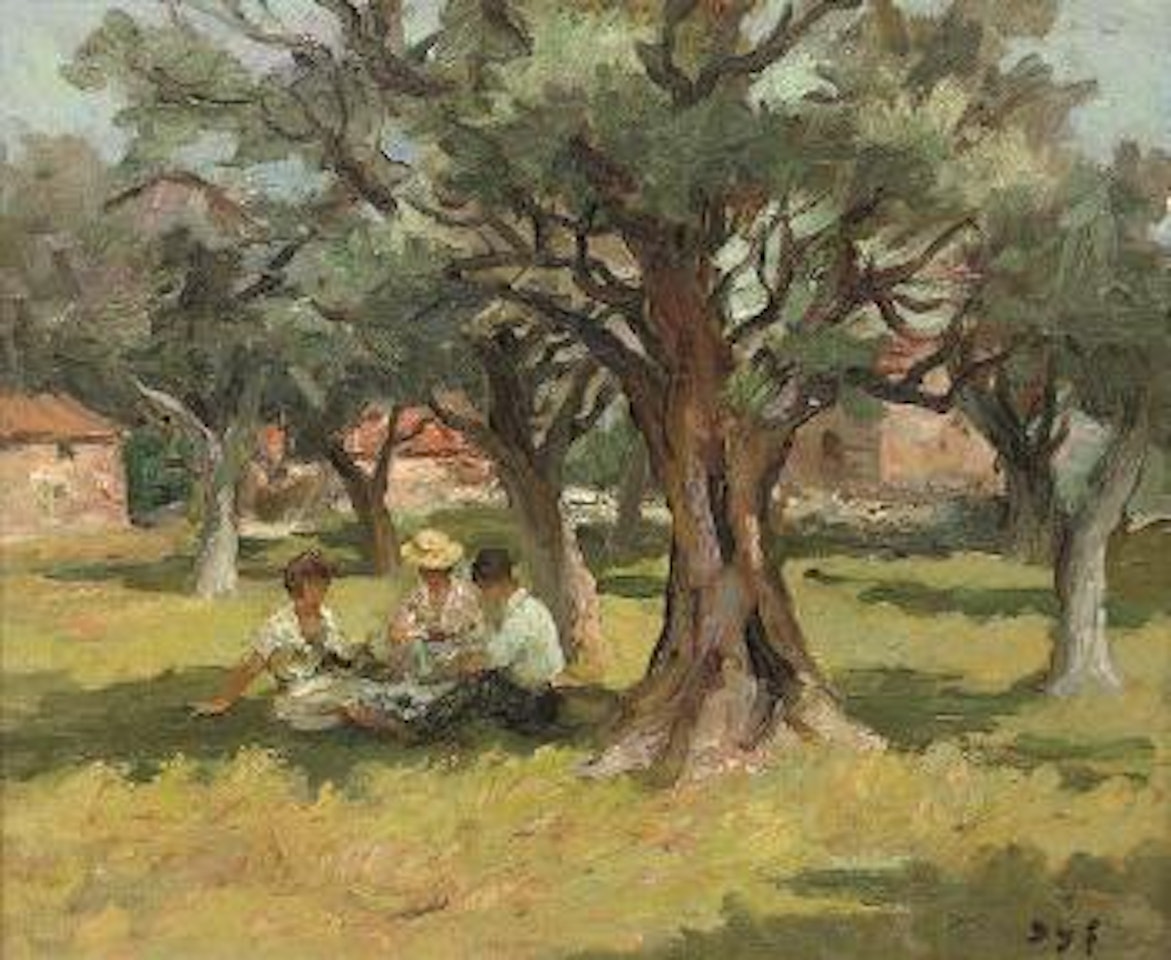 Pique-nique sous les oliviers du jardin de Renoir à Cagnes by Marcel Dyf