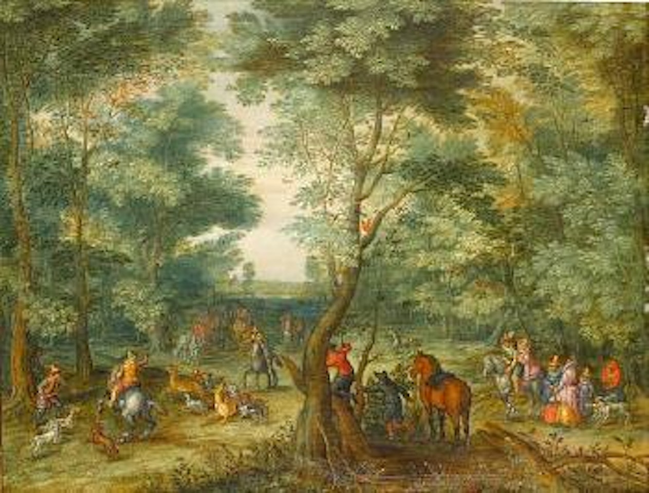 A wooded landscape with an elegant party of onlookers watching as hunstman move in with their hounds for the kill of a stag and a hart by Karel Beschey