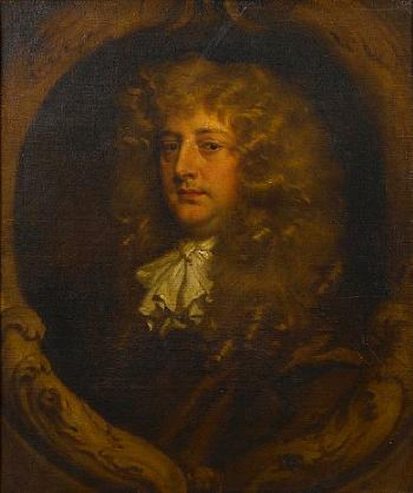 Portrait of a gentleman, bust-length, in russet coat with a white jabot, within a stone cartouche by Sir Peter Lely