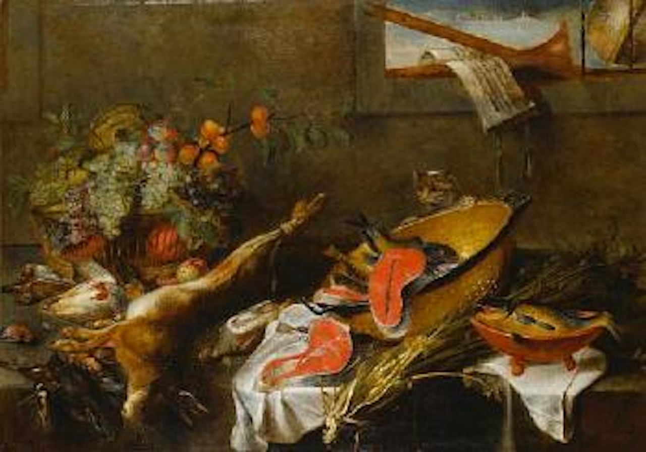 A still life of a cat beside a colander of salmon with other fish, dead game and an upturned basket of fruit on a wooden table, beneath a window ledge with a pair of recorders, a globe and a musical manuscript by Frans Snyders
