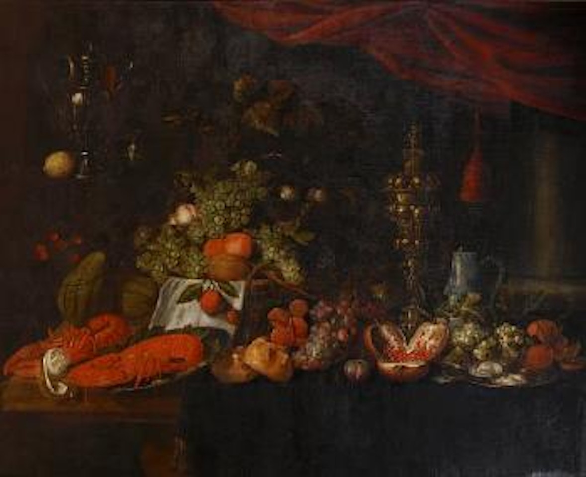 A still life of pewter dishes of lobsters and oysters, a silver gilt covered cup, grapes, pomegranates and bread rolls on a draped table, a basket of grapes and peaches and a roemer with a lemon and a silver jug in niche above by Jan Pauwel Gillemans