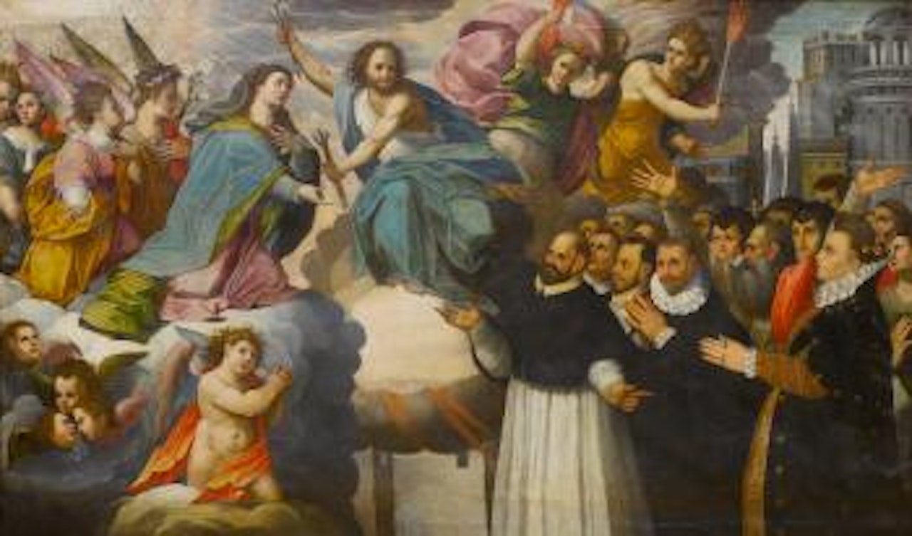 A Dominican saint presenting donors and citizens to the Madonna by Italian School