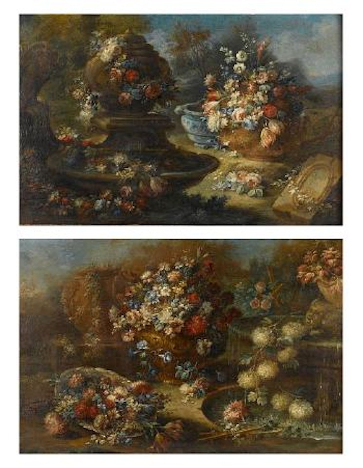 Chysanthemums, moring glory, roses and other flowers in a bronze urn beside a waterfall. A fountain decorated with garlands of flowers with tulips, roses and other flowers in a large dish by Gasparo Lopez