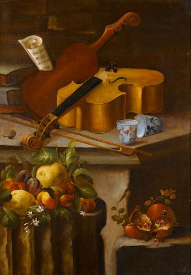 A basket of flowers on a stone ledge, with pomegranates, lemons, apples, strawberries and a fig. A violin with two porcelain cups on a stone ledge, with lemons, peaches and plums on a stone column by Cristoforo Munari