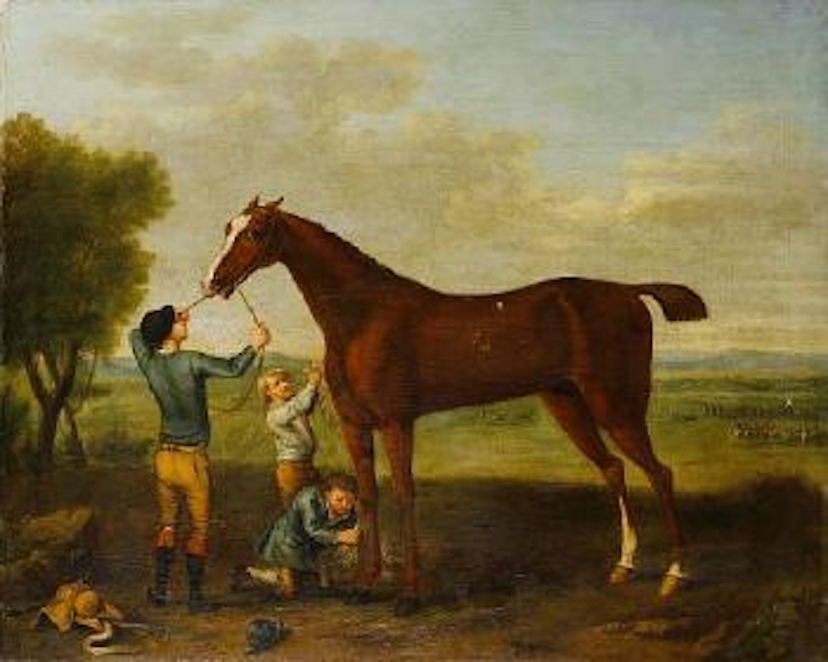 Lord Essex's Smiling Ball held by his jockey, being rubbed down after his victory in the race depcited in the distance by John Wootton