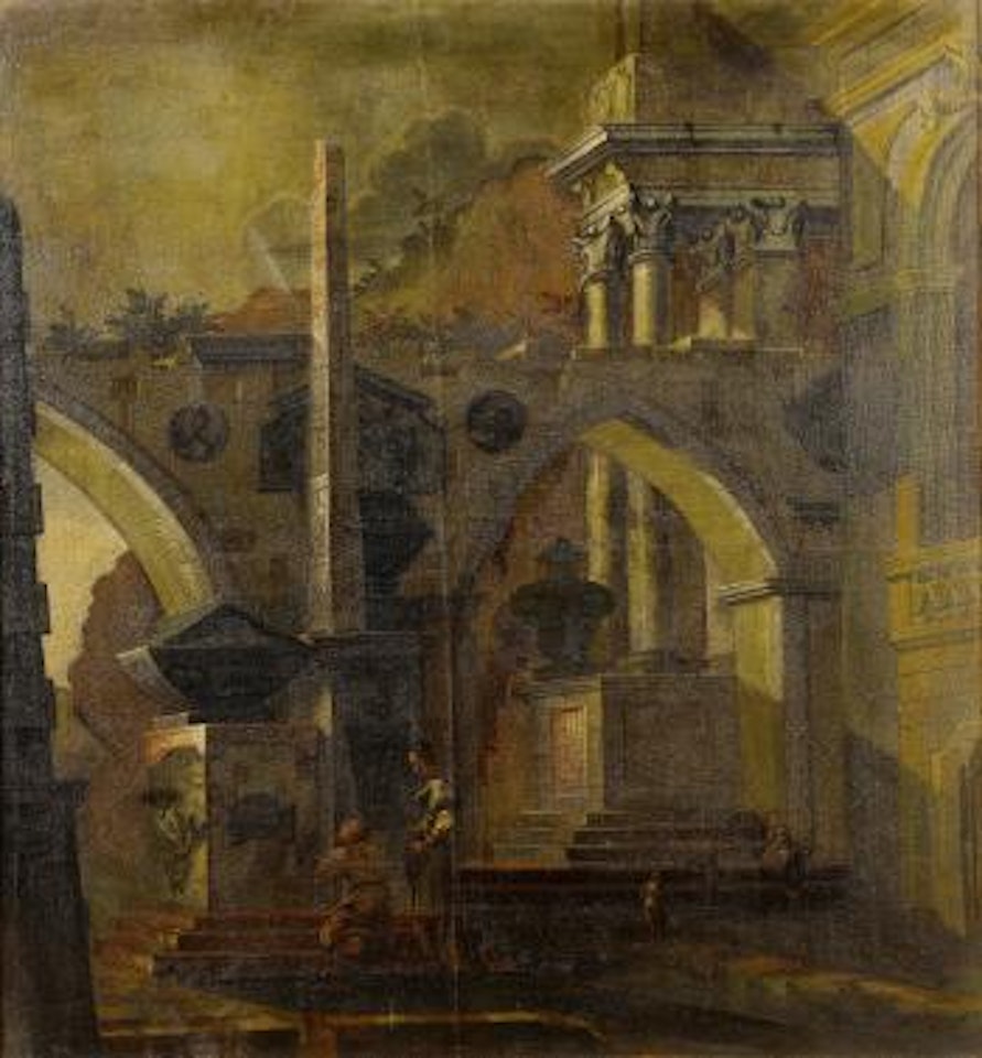 Figures resting before an obelisk and other ruins by Neapolitan School