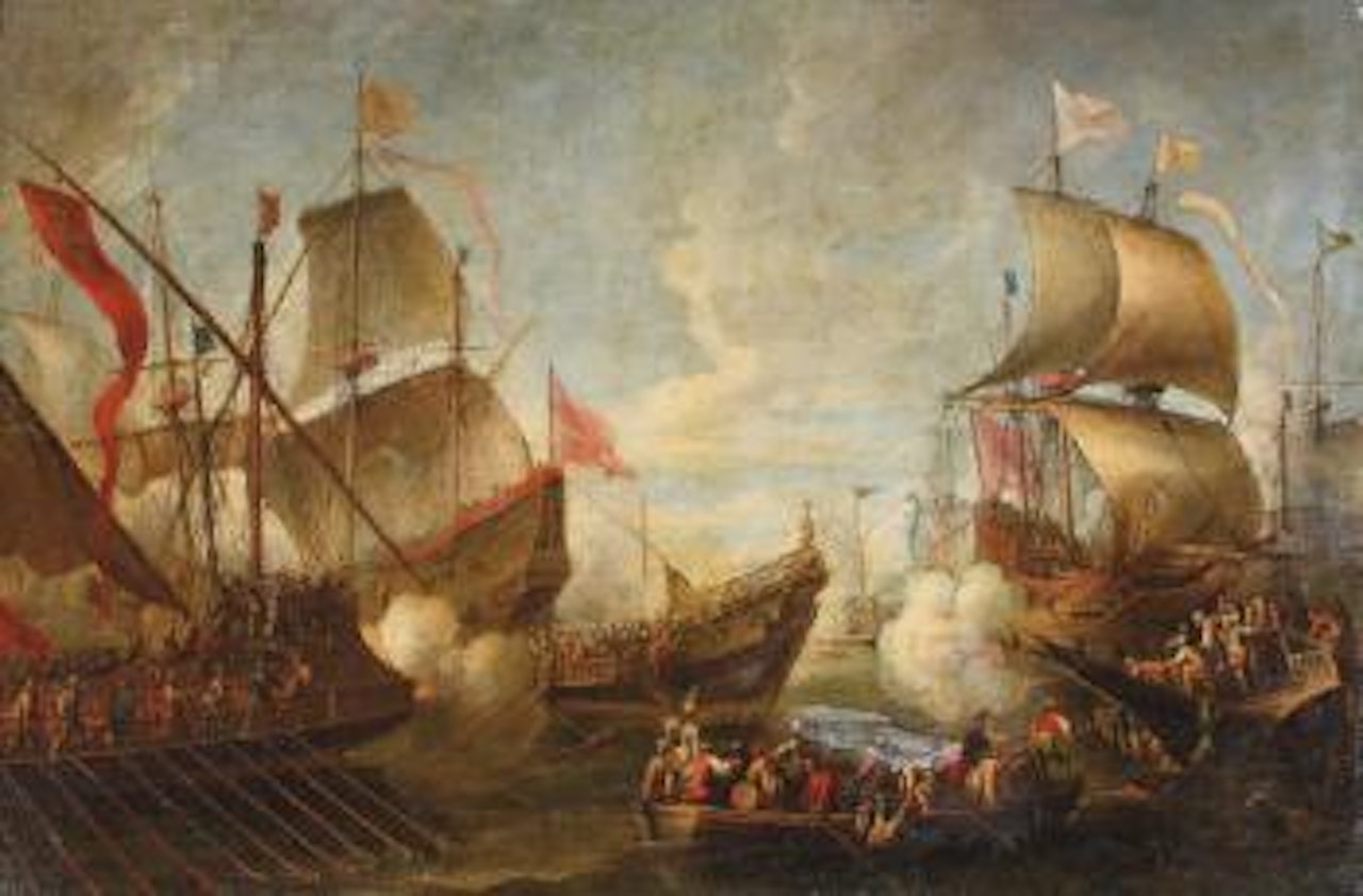 A naval battle between Turks and Christians by Cornelis de Wael