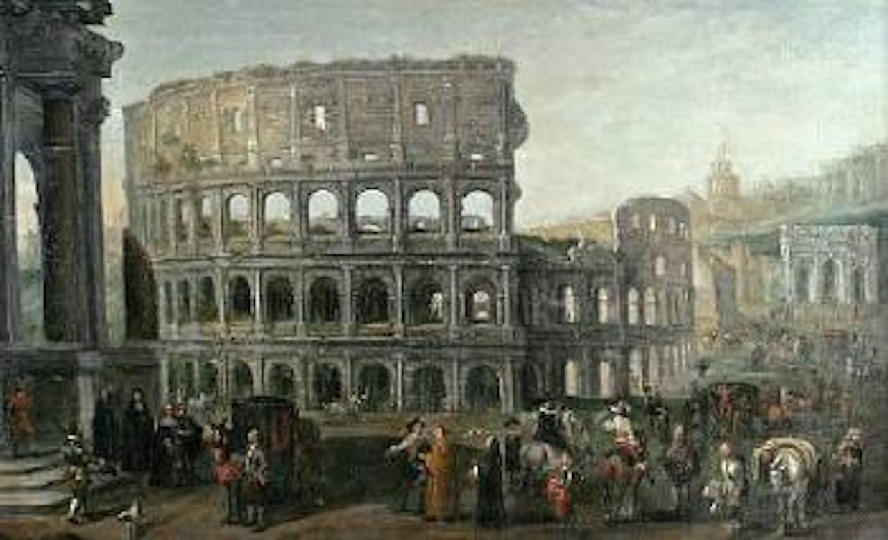 A view of the Colosseum with numerous figures in the foreground by Cornelis de Wael
