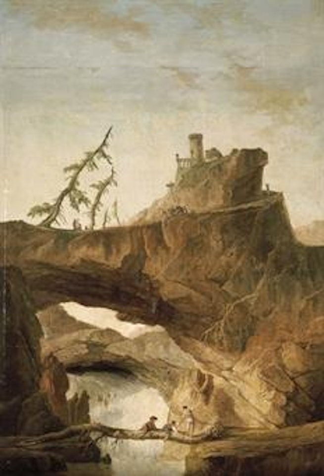 Personnages traversant un ravin sur un tronc d'arbre mort by Hubert Robert