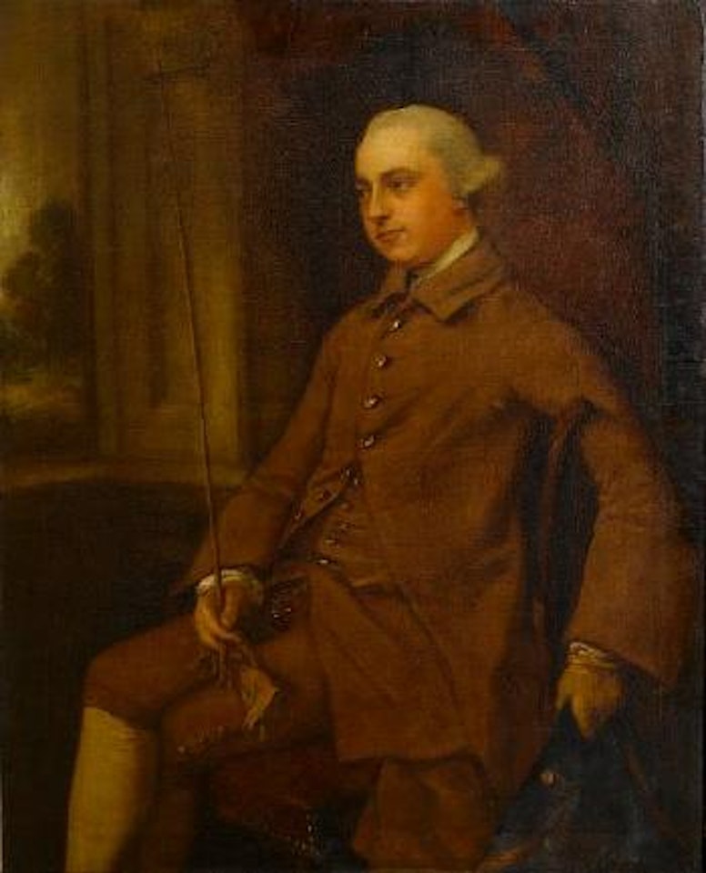 Portrait of Humphrey Hall (1738-1801) of Goldings, Benego, Herts and Manadon, near Plymouth, three-quarter-length, in a brown coat and breeches, seated in an interior, holding a riding crop, hat and gloves, beneath a red silk curtain... by Thomas Gainsborough