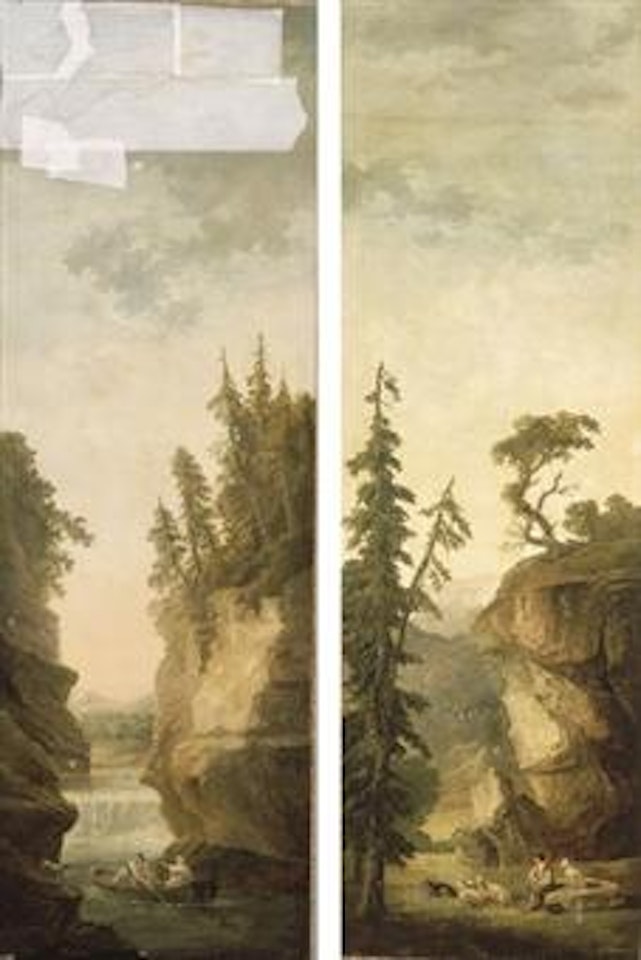 Personnages sur un bateau dans un paysage avec une rivière; et Le repos du berger by Hubert Robert