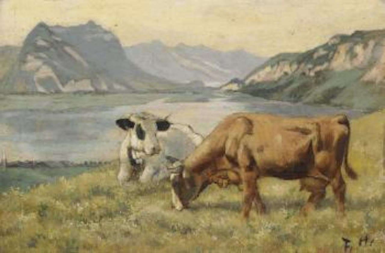Zwei Kühe vor Thunerseelandschaft by Ferdinand Hodler
