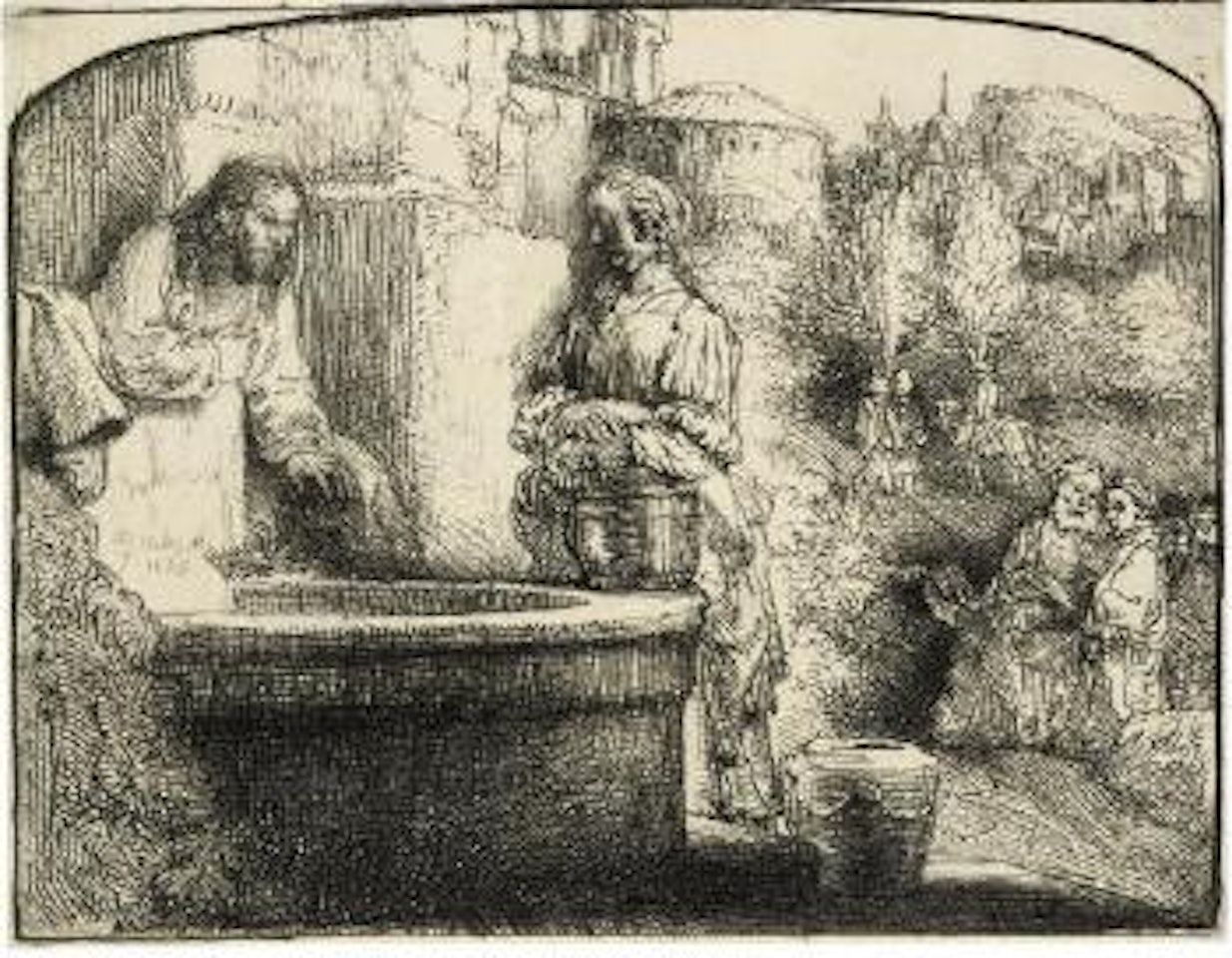 Christ and the Woman of Samaria: An arched Print (B., Holl. 70; H. 294) by Attributed to Rembrandt Harmensz van Rijn