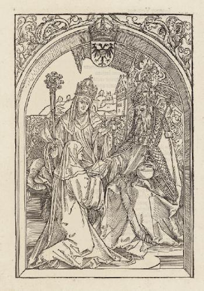 Hroswitha offers her Book to Emperor Otto I, plate 2 from Opera Hroswitha Illustris (M., Holl. 243, ill. works XIV, no. 2; S.M.S. 268.2) by Albrecht Dürer