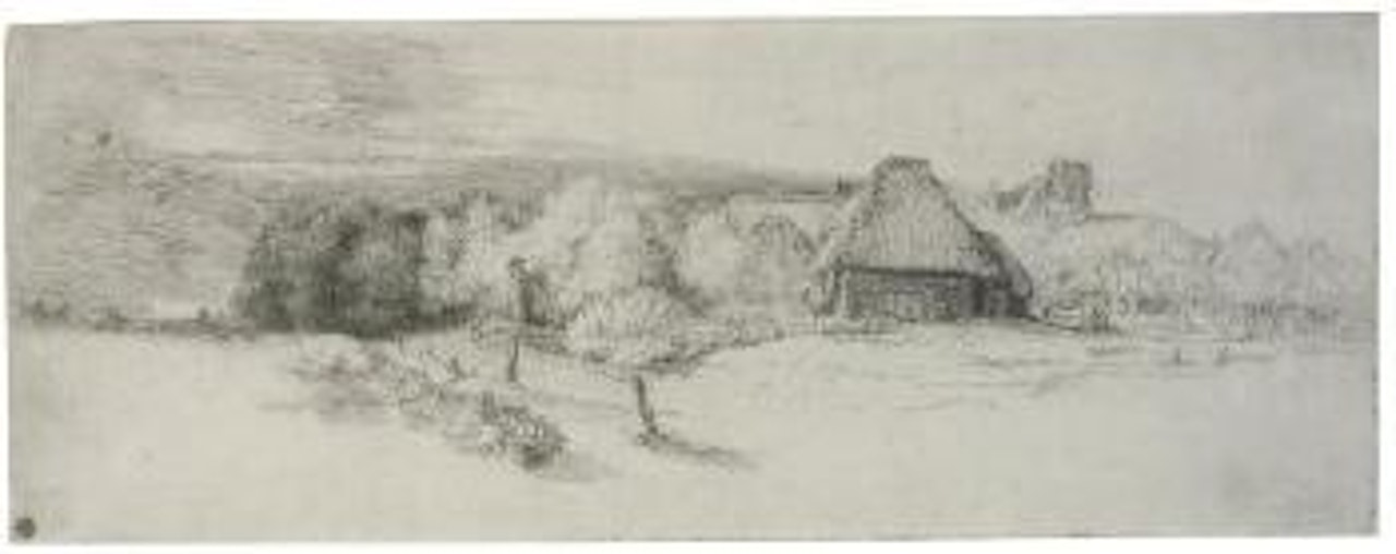 Landscape with Trees, Farm buildings and a Tower (B., Holl. 223; H. 244) by Attributed to Rembrandt Harmensz van Rijn