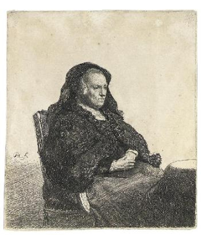 The Artist's Mother seated at a Table, looking right (B., Holl. 343; H. 52) by Attributed to Rembrandt Harmensz van Rijn