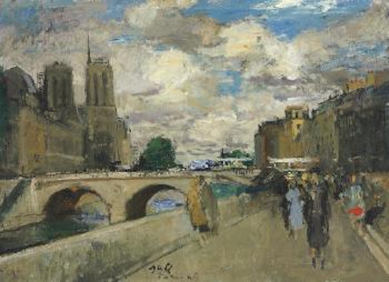 Vue de Notre Dame et du Pont Saint Michel au crèpuscule depuis le quai des by François Gall