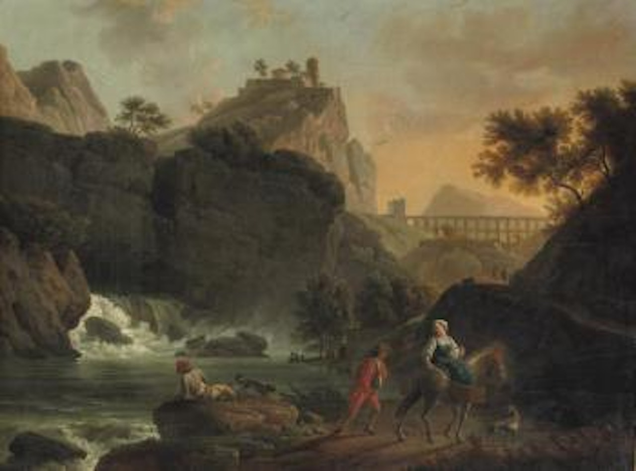 A mountainous river landscape with travellers on a track, a town on a hill and a roman acquaduct beyond by Claude Joseph Vernet