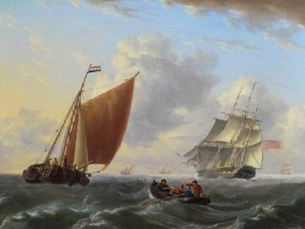 A British merchantman passing a Dutch barge by Charles Martin Powell