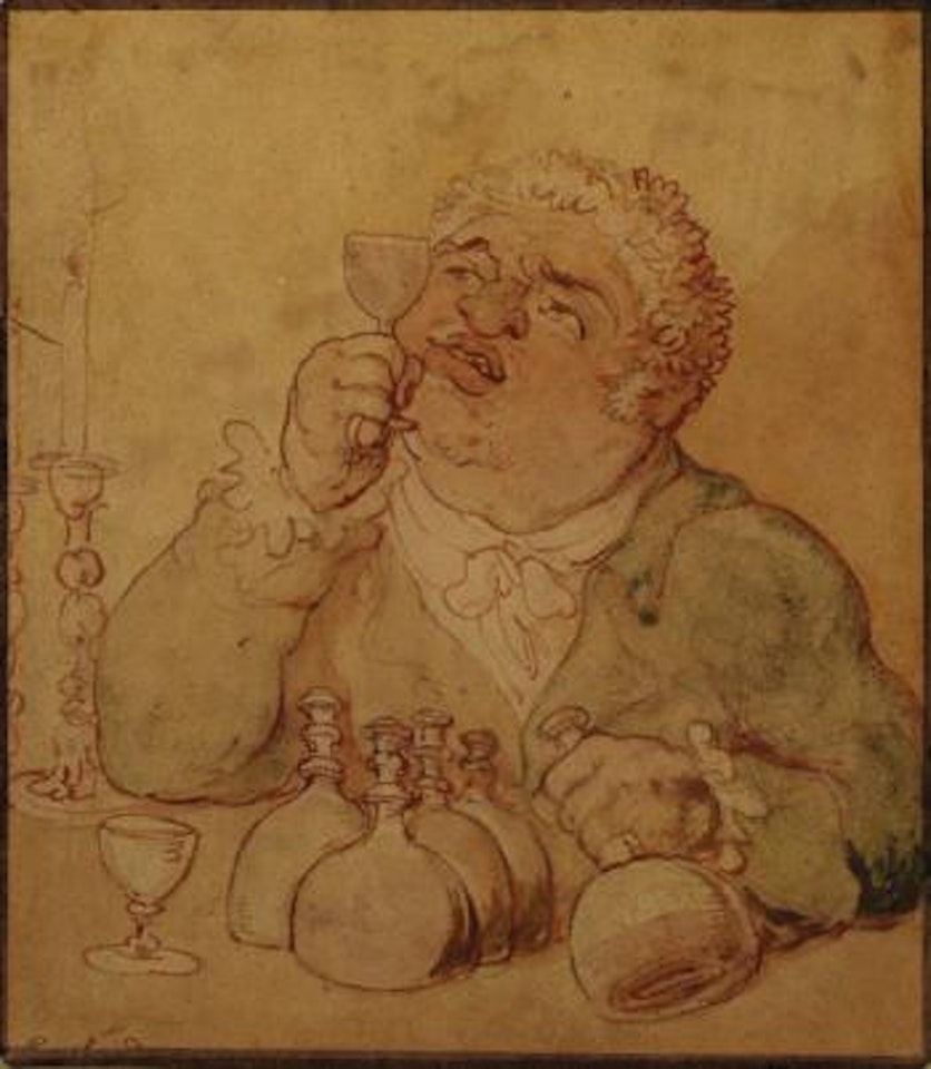 The Wine Connoisseur, caricature portrait of a seated gentleman, holding a wine glass up to his right eye, his left hand holding one of several bottles in front of him by Thomas Rowlandson