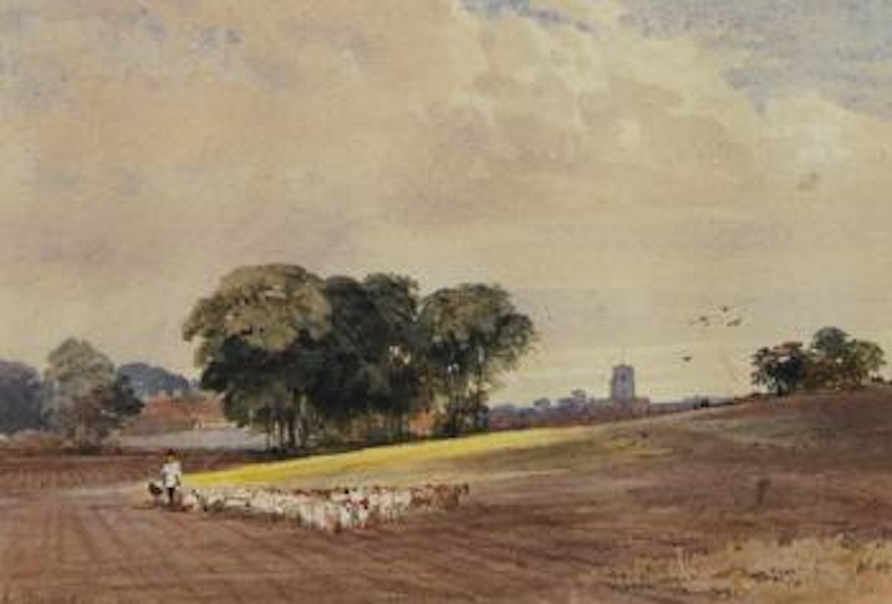 Shepherd and flock crossing a ploughed field, a church and village beyond by Edward Duncan