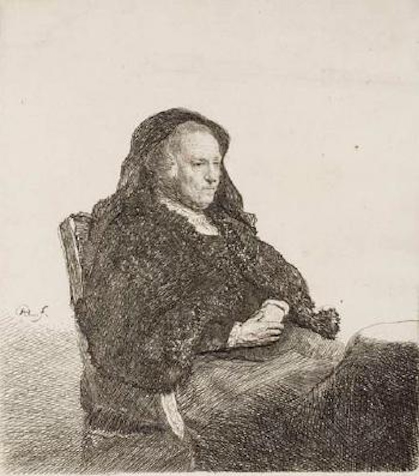 The artist's mother seated at a table looking right by Attributed to Rembrandt Harmensz van Rijn