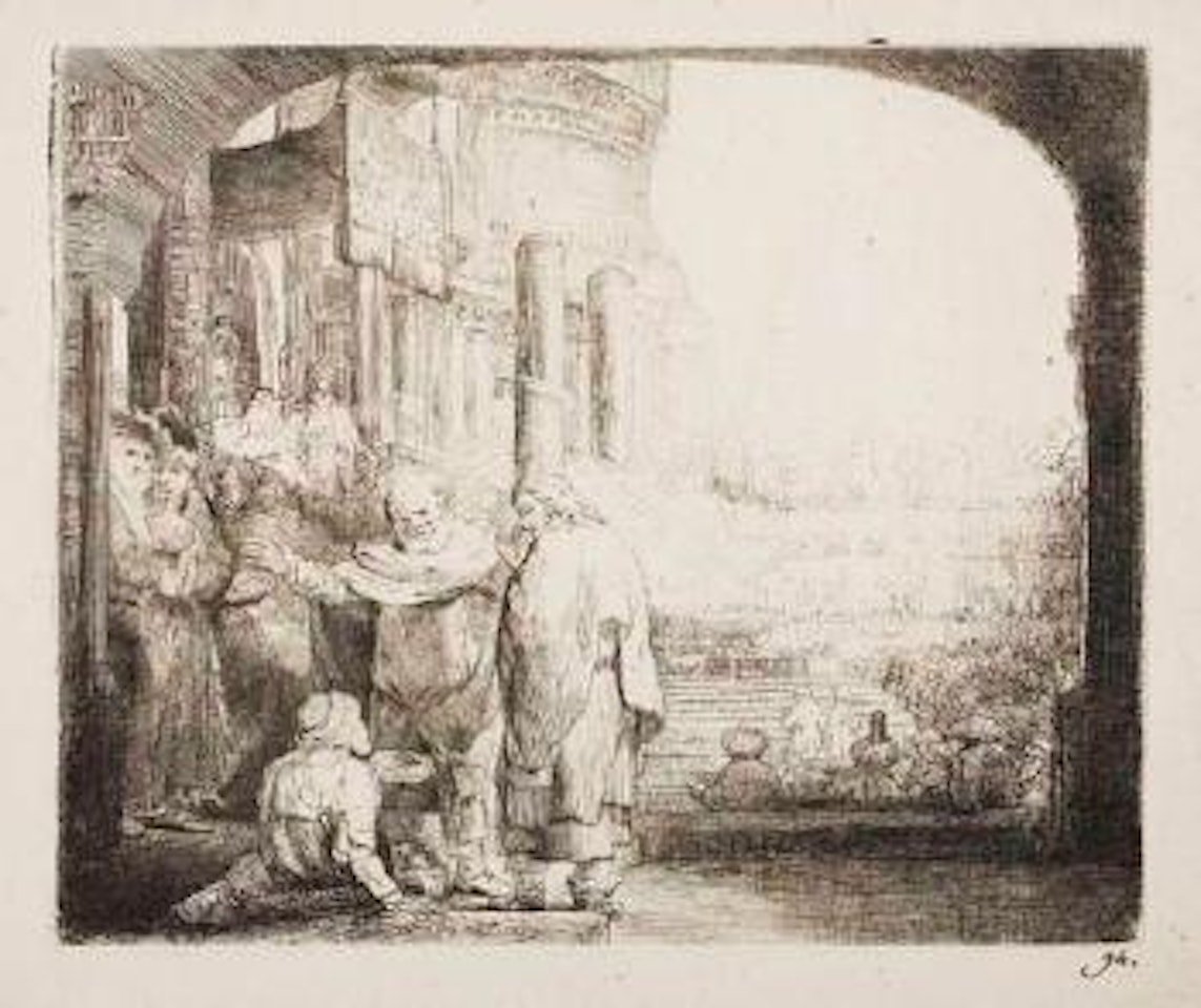 Peter and John healing the cripple at the gate of the temple by Attributed to Rembrandt Harmensz van Rijn