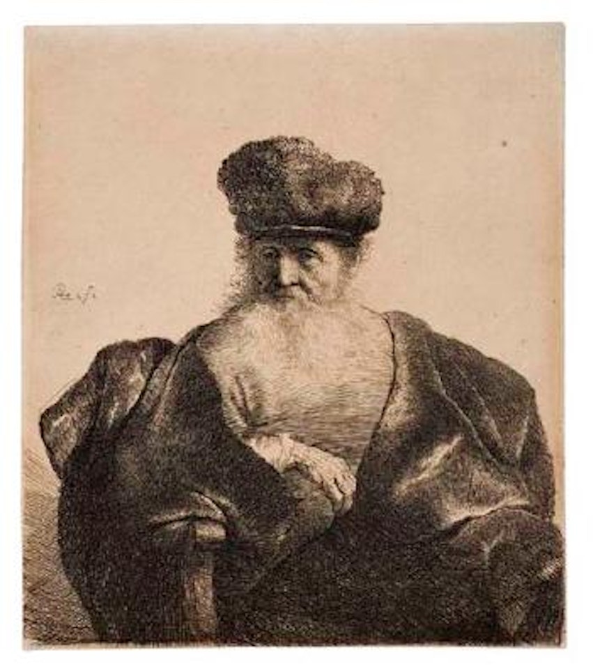 Old man with a beard, fur cap and velvet cloak by Attributed to Rembrandt Harmensz van Rijn