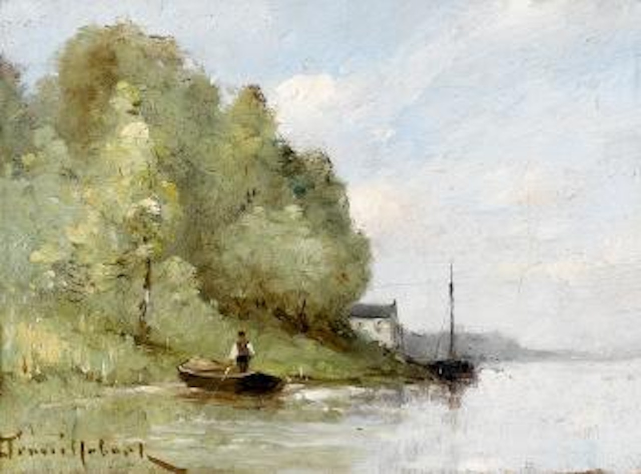 Uferpartie mit Angler in Boot by Paul Désiré Trouillebert